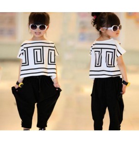 White black patchwork geometry printed girls kids child toddlers kindergarten baby jazz dance stage performance hip hop haren pants t shirt dance costumes outfits